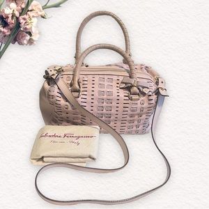 SOLD Auth Salvatore Ferragamo Bow Convertible Bowling Bag Perforated Leather …